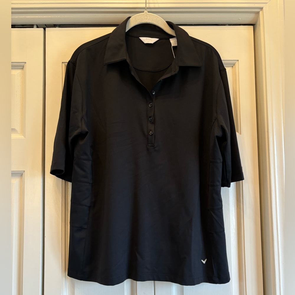 NWT Callaway black short sleeve golf shirt with unique side detailing, XL